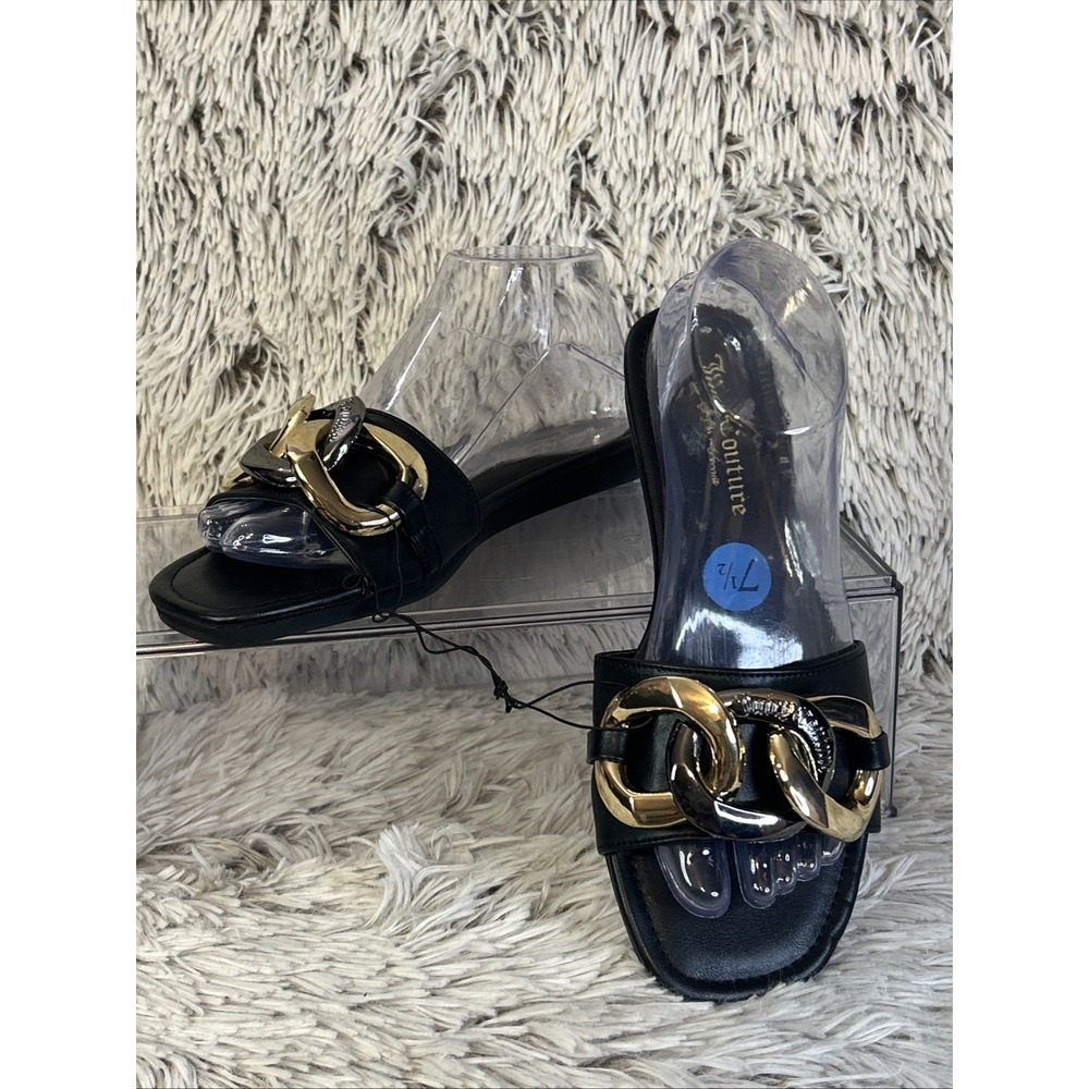 JUICY COUTURE Black Metal Chunky Gold Silver Slides Sandals Flats 7.5 Slip On